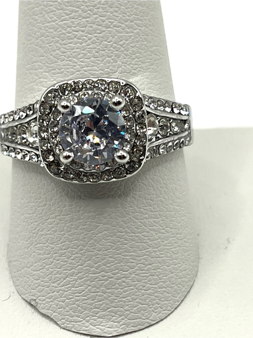 Halo Ring Engagement Ring Silver Rhodium Plated Sparkling Stones Prong Set